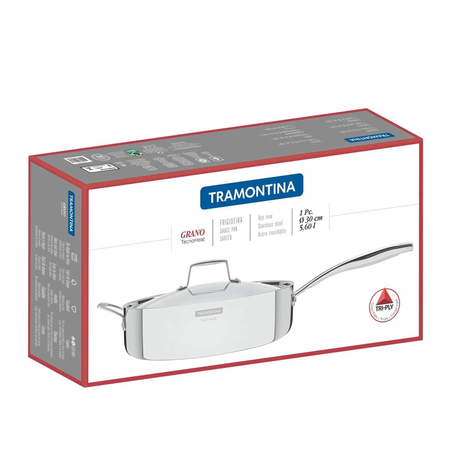 Tramontina Grano 3-Ply Stainless Steel Saute Pan with lid 30cm (5.6l) - Image 7