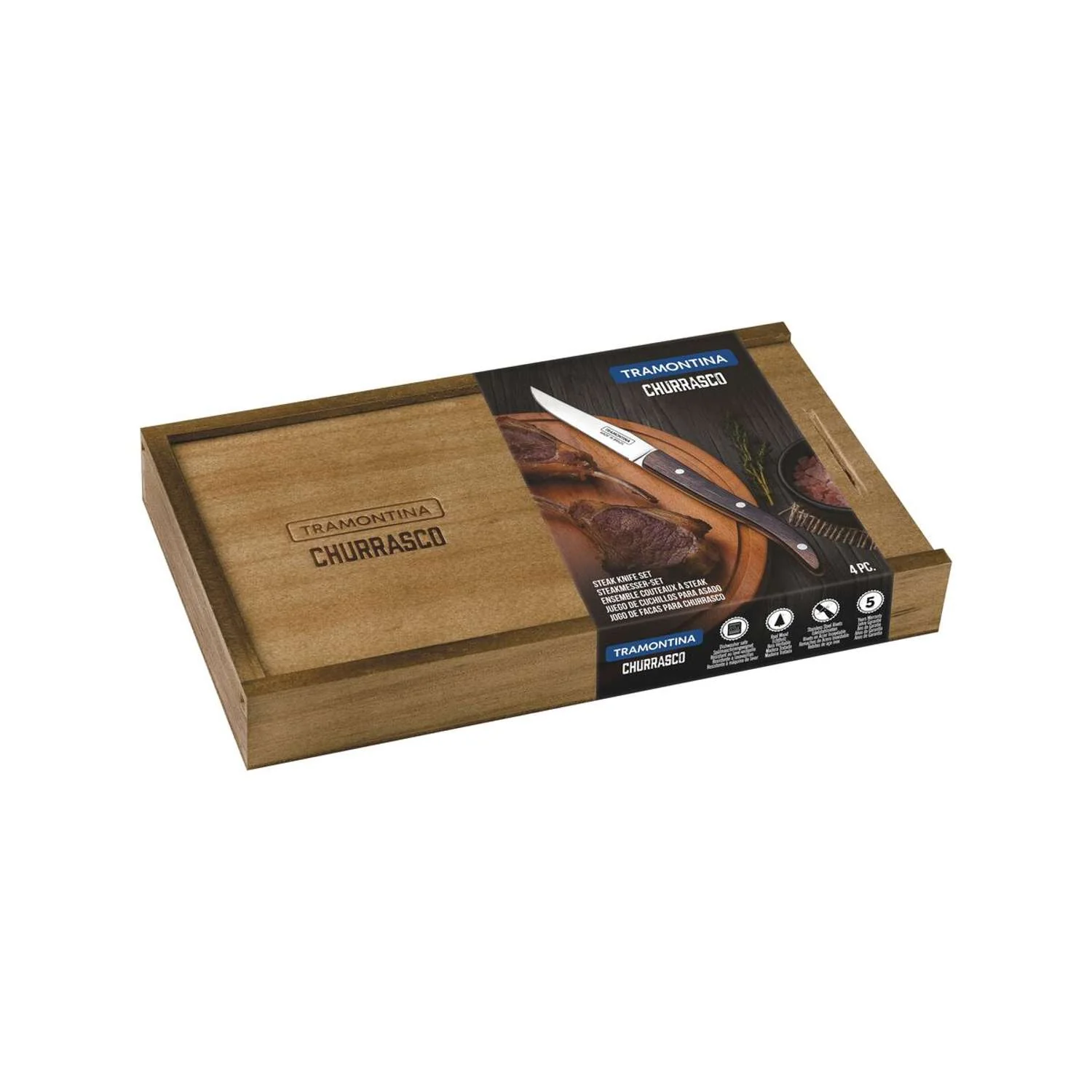Tramontina Dishwasher-safe Wooden Handle 4 Pcs. Steak Knife Set in Wooden Box - Image 6