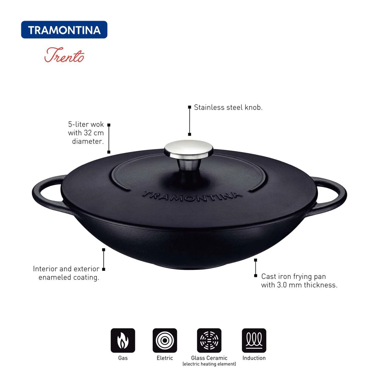 Tramontina Enamelled Cast Iron Wok 32cm (5l) - Image 8